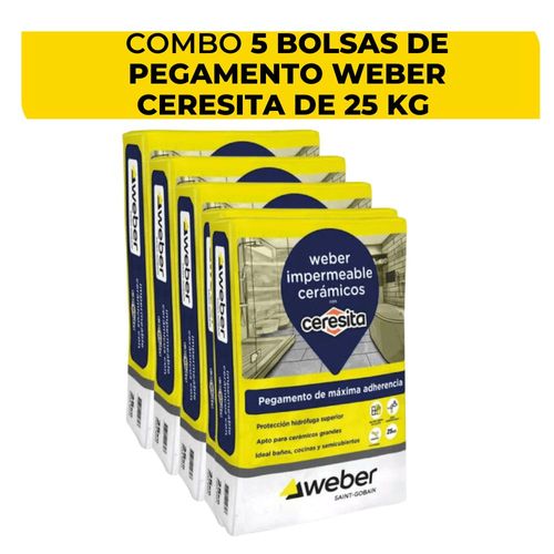 Combo 5 Bolsas De Pegamento Weber Impermeable Con Ceresita De 25 Kg Web